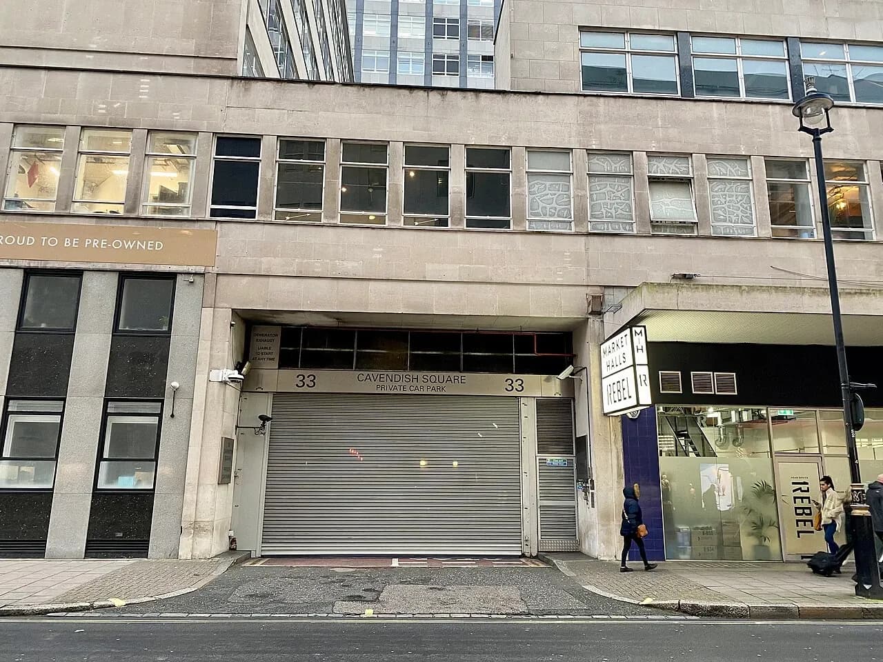 Closed private car park entrance at 33 Cavendish Square, London, April 2024