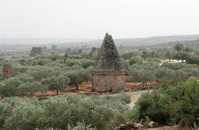 Archive photograph of stone tombs among olive trees at Al-Bara in Idlib Governorate, photographed by Vyacheslav Argenberg on 23 August 2008.