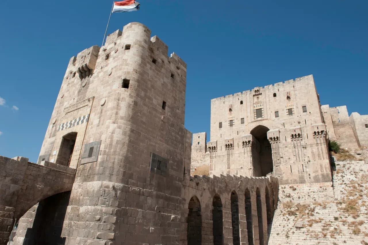 Archive front view of the Citadel of Aleppo entrance and bridge, photographed by Dosseman on 28 September 2010.