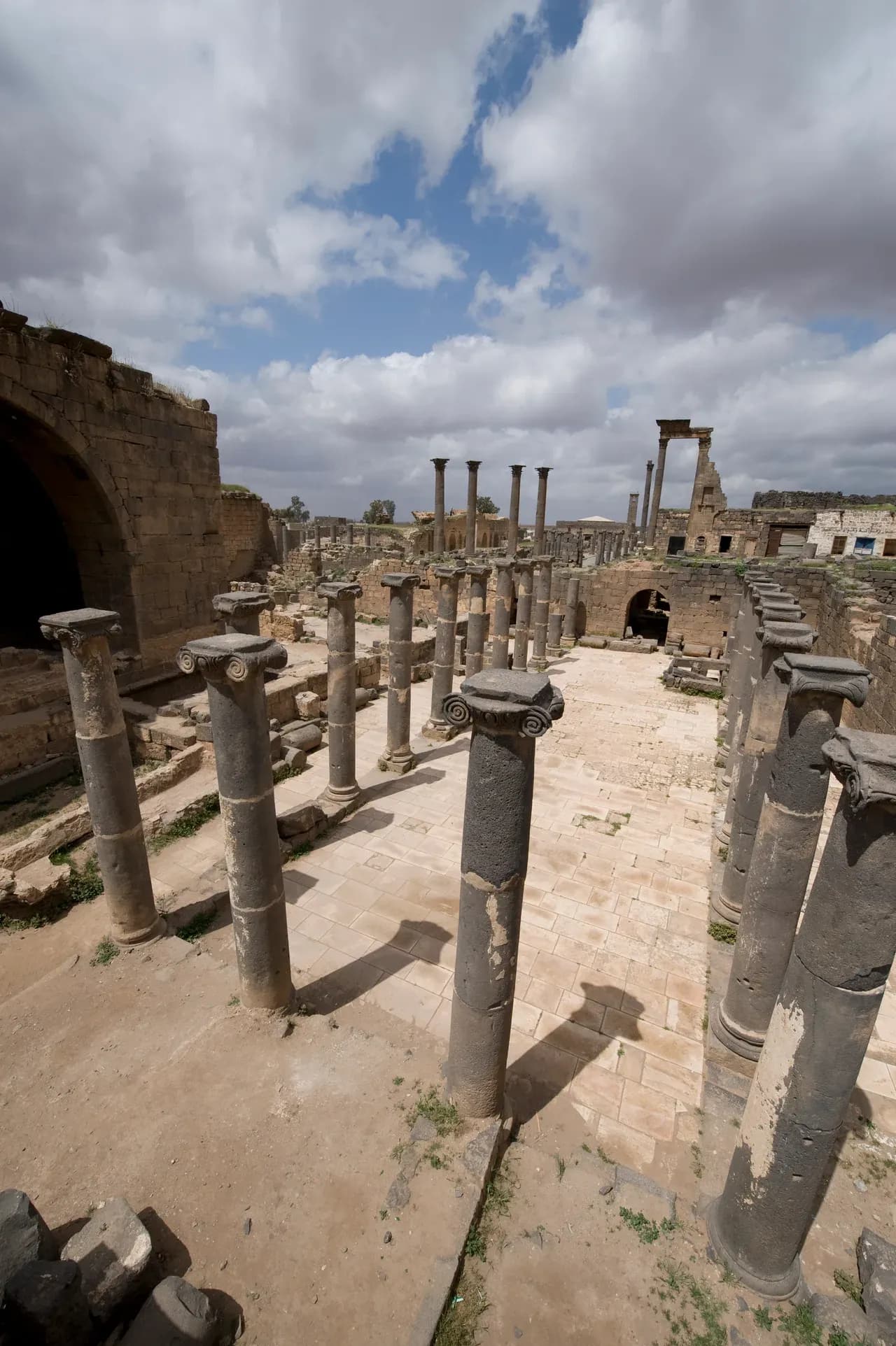 Archive view of the Southern Baths and colonnaded street in Bosra, Daraa Governorate, photographed by Dosseman in 2009.