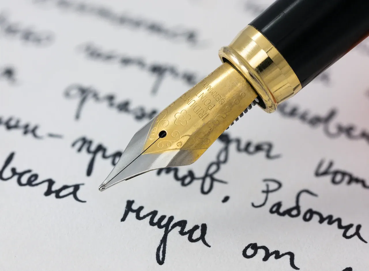 Close view of a fountain-pen nib above handwritten Cyrillic words, photographed in January 2017
