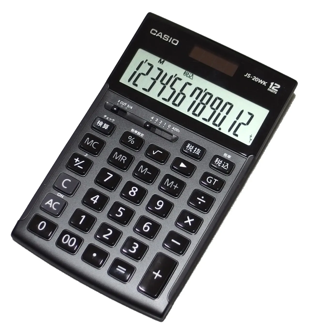 Black desktop calculator with number keys and a populated display, in a photograph dated January 2019 by its creator