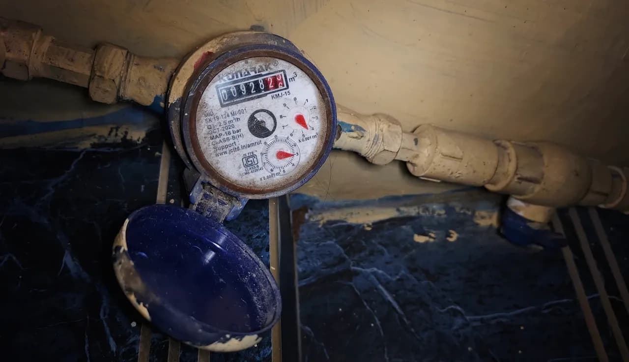 Water meter with numbered reading wheels and small dial faces beside pipes, photographed in December 2025