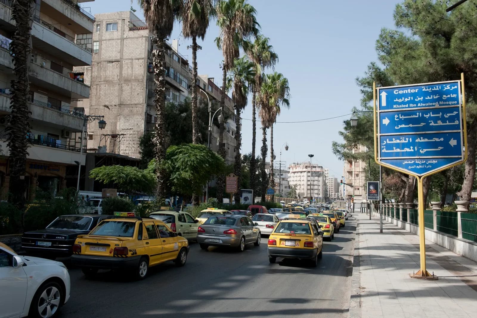 Palm-lined street, vehicles and direction sign in Homs, October 2010
