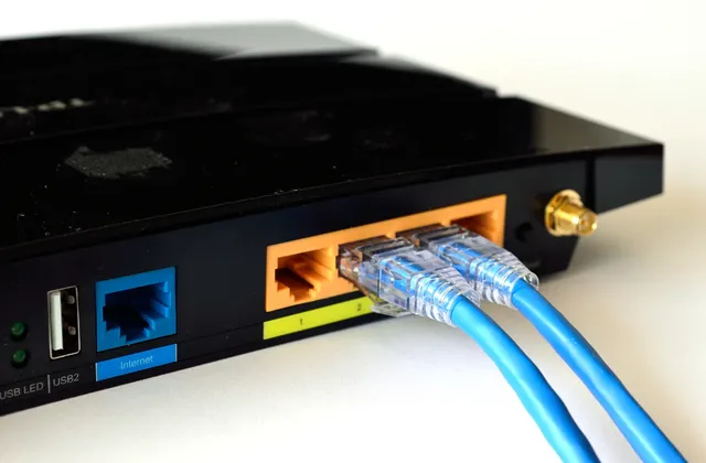 Rear of a black residential gateway with two blue network cables connected, photographed in August 2015