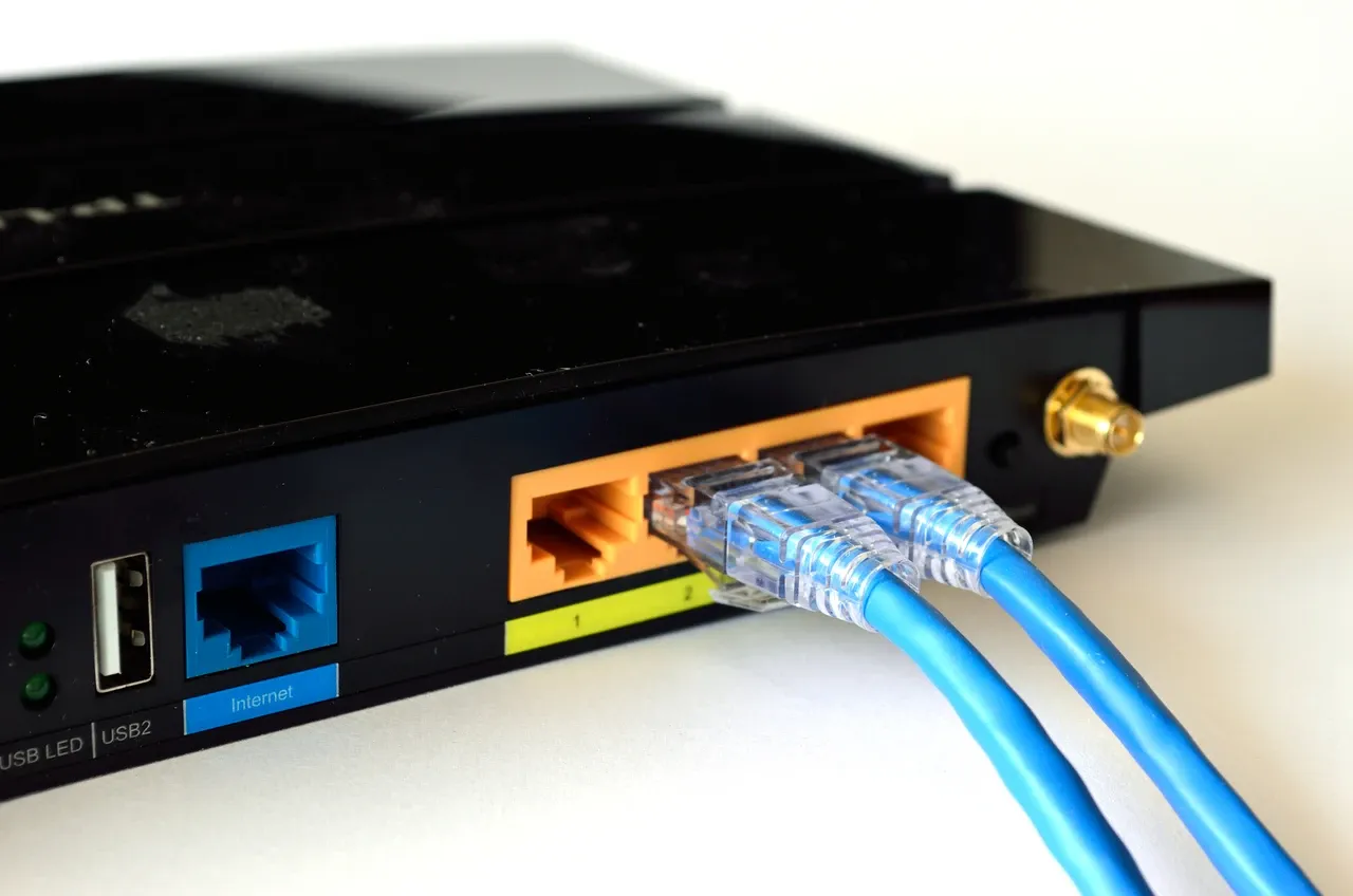 Rear of a black residential gateway with two blue network cables connected, photographed in August 2015