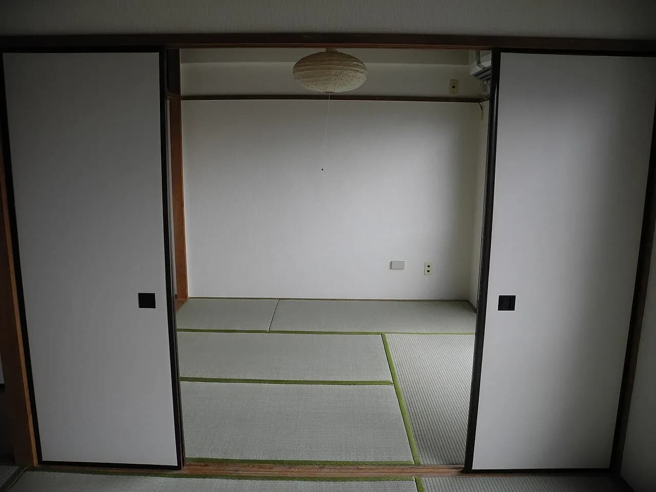 Unfurnished tatami-floored room viewed through sliding doors in a Tokyo apartment, Japan