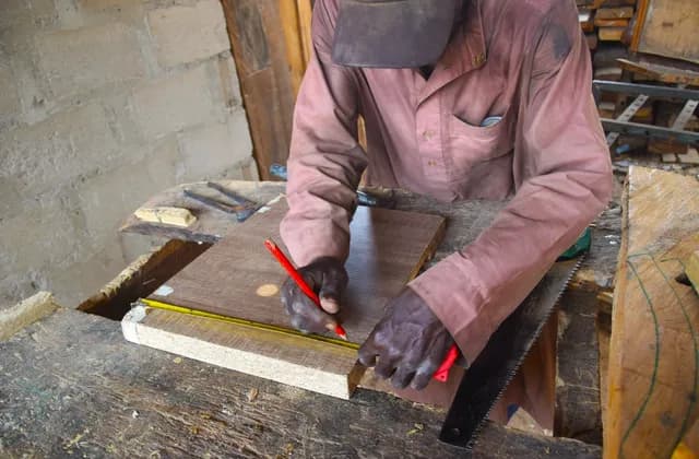 Carpenter using a pencil and measuring tape on a board at old Pantaker market, Kaduna, April 2024