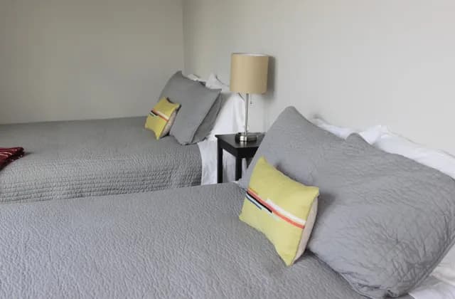 Two single beds beside a window in a furnished suite