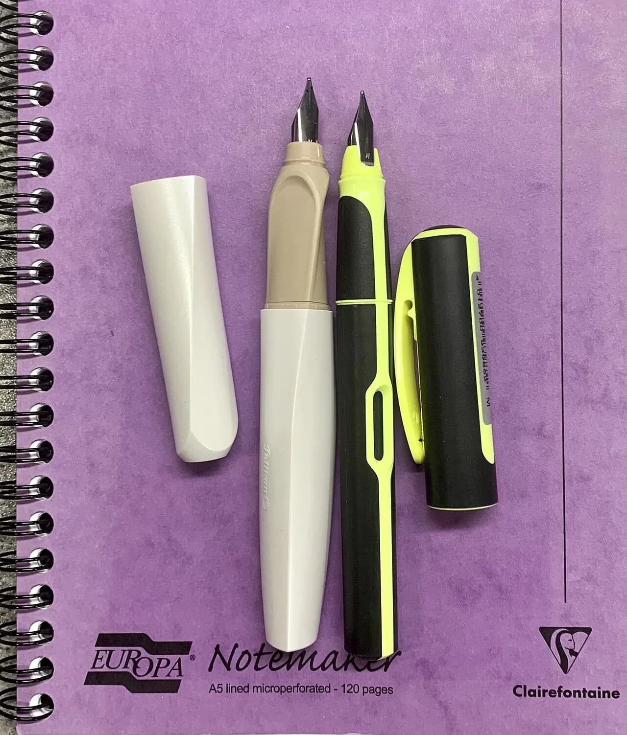 Two fountain pens placed across a notebook