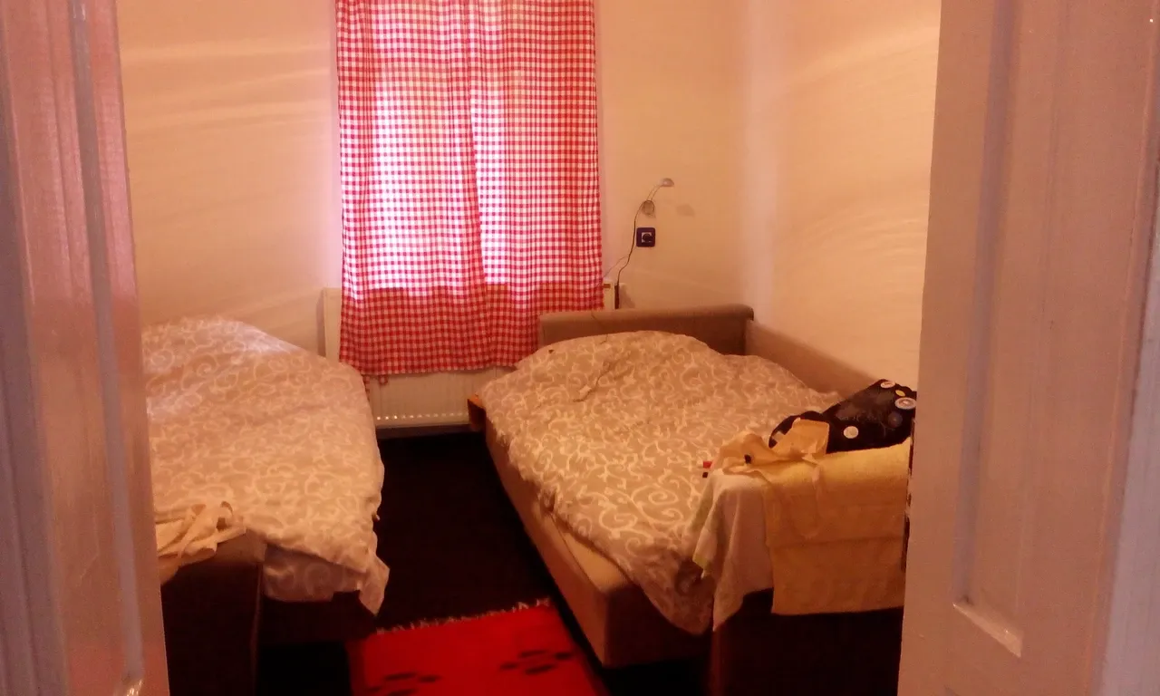 Twin beds and a window in a bedroom at Vila Selena in Serbia