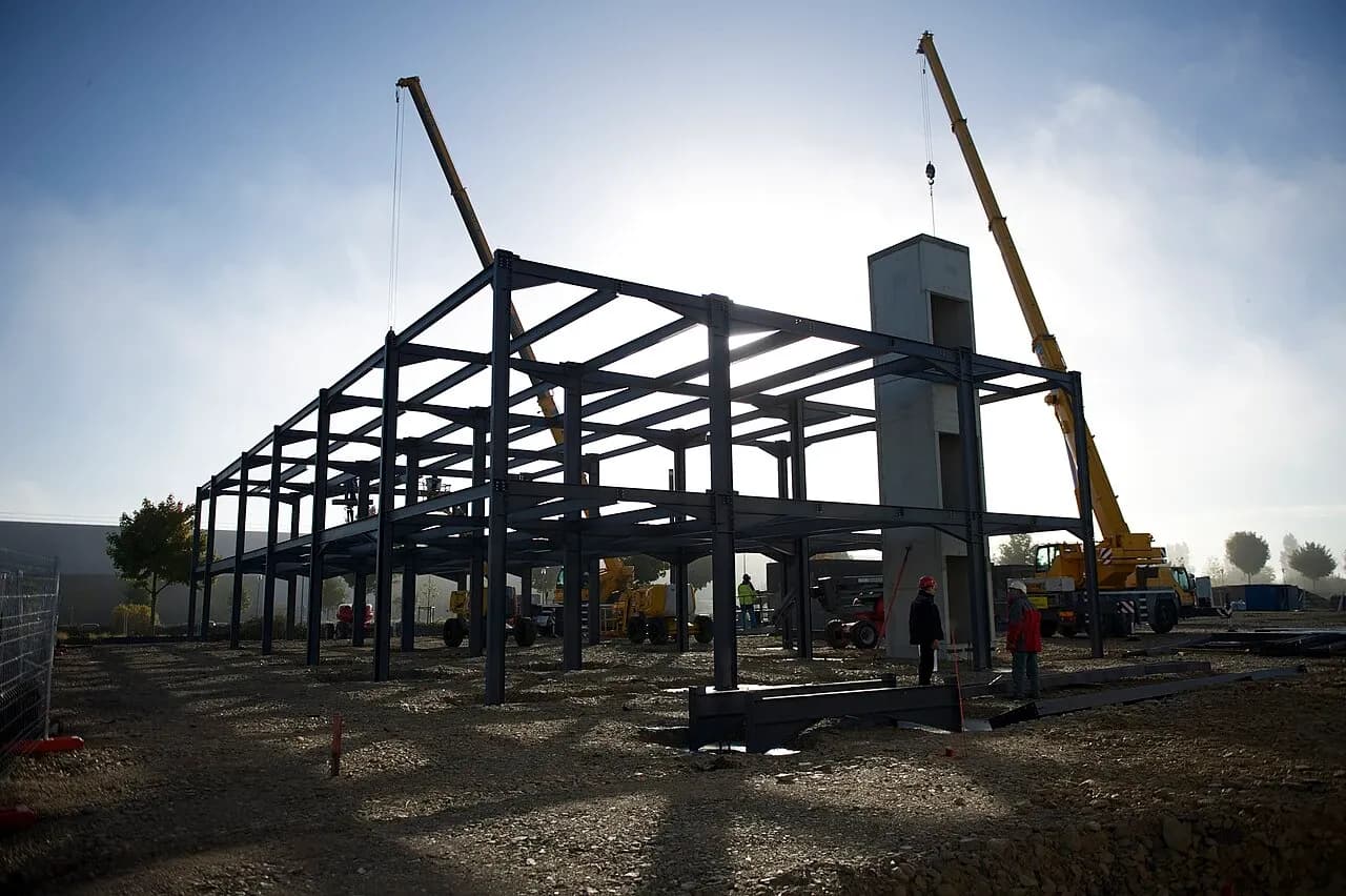 Steel frame, construction equipment and a crane at a building site