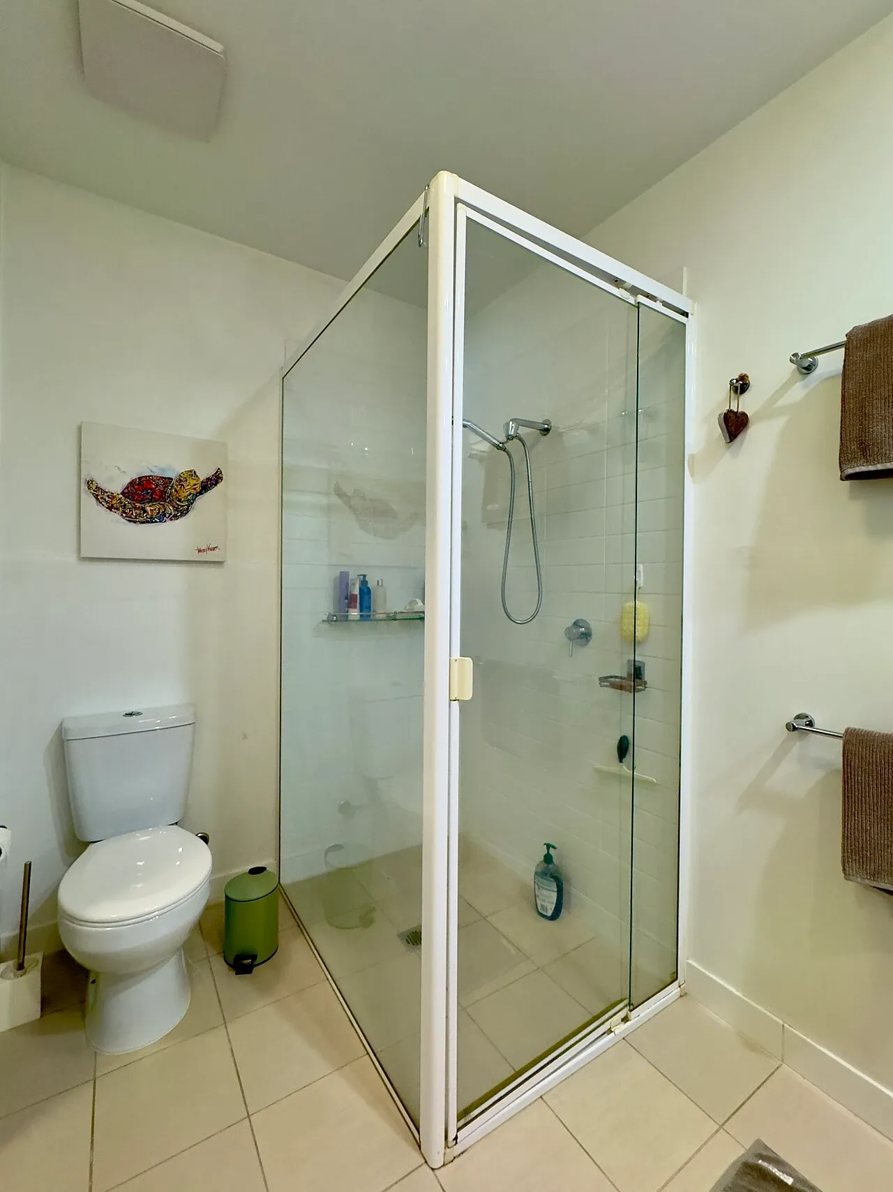 Glass shower enclosure and tiled walls in a Brisbane apartment