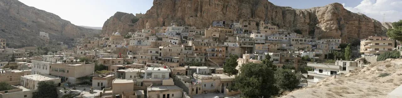 Panoramic view of the hillside town of Maaloula in Rural Damascus, photographed by Erik Albers in 2010.