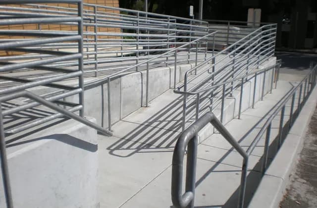 Ramped approach with metal rails at South San Francisco Main Library, California, photographed in April 2008