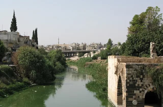 The Orontes in Hama with riverside stonework, vegetation and a distant bridge, August 2008 archive photograph