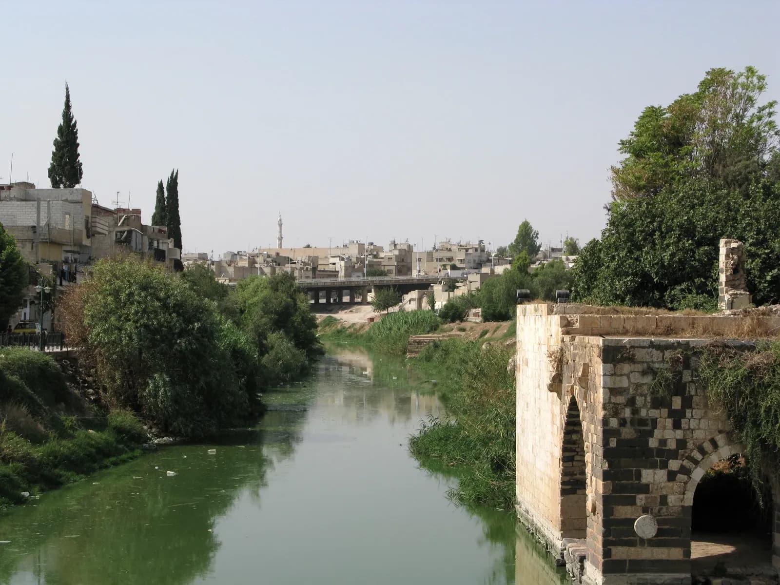 The Orontes in Hama with riverside stonework, vegetation and a distant bridge, August 2008 archive photograph