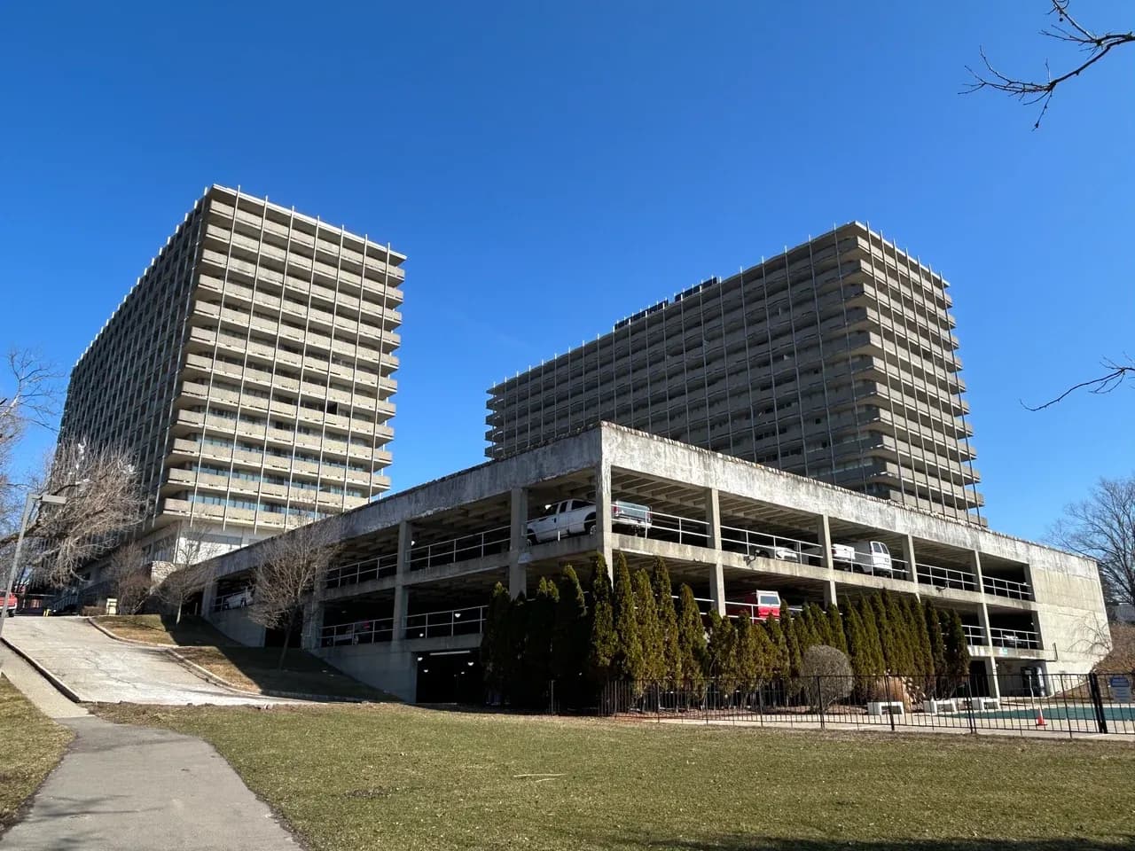 Multi-level parking garage below the two Huron Towers apartment buildings in Ann Arbor, Michigan, United States