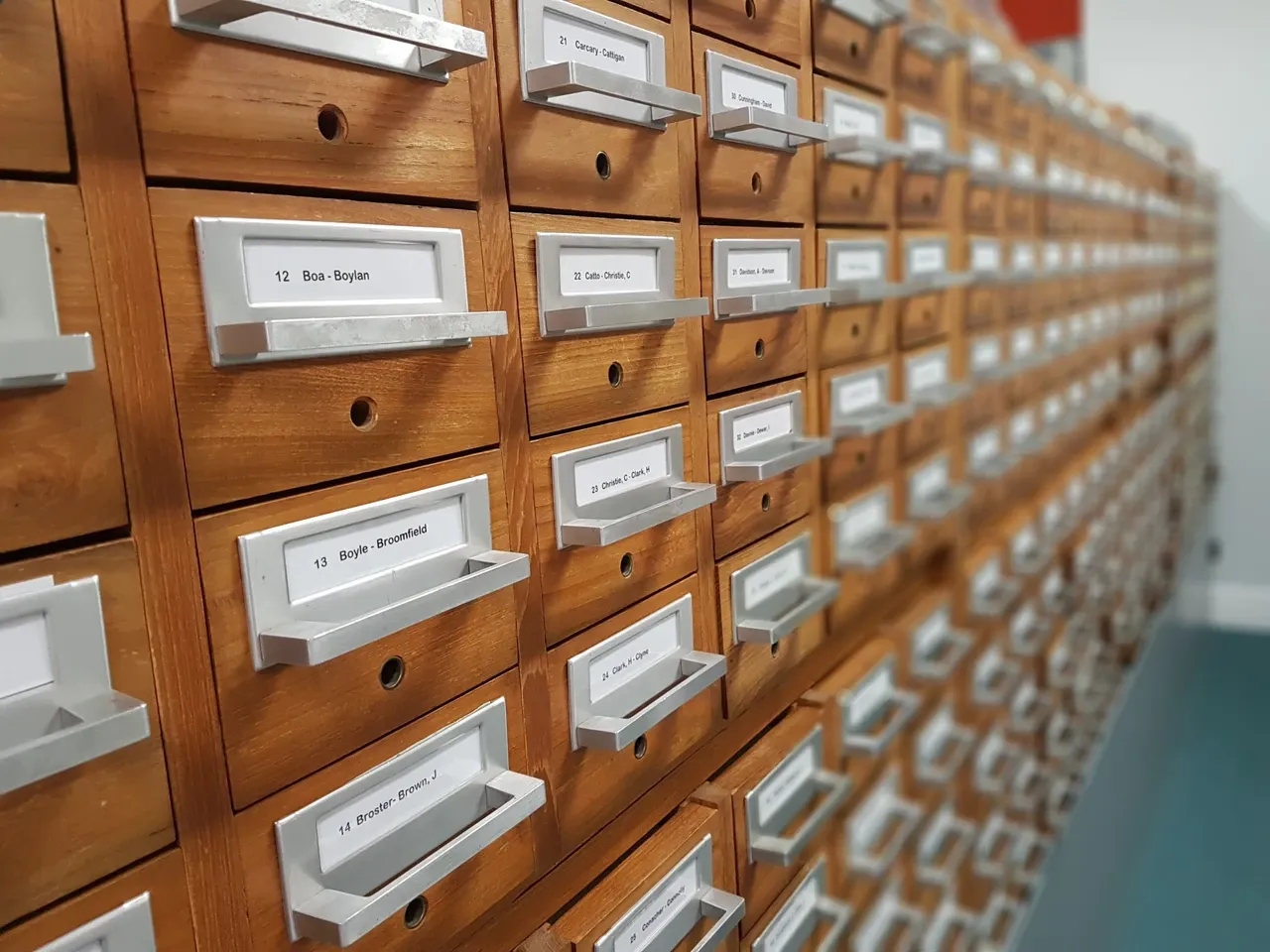 Rows of labelled wooden card-filing drawers, photographed in September 2017