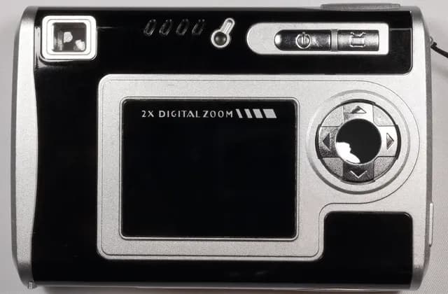 Rear of a compact digital camera with a dark screen and physical controls