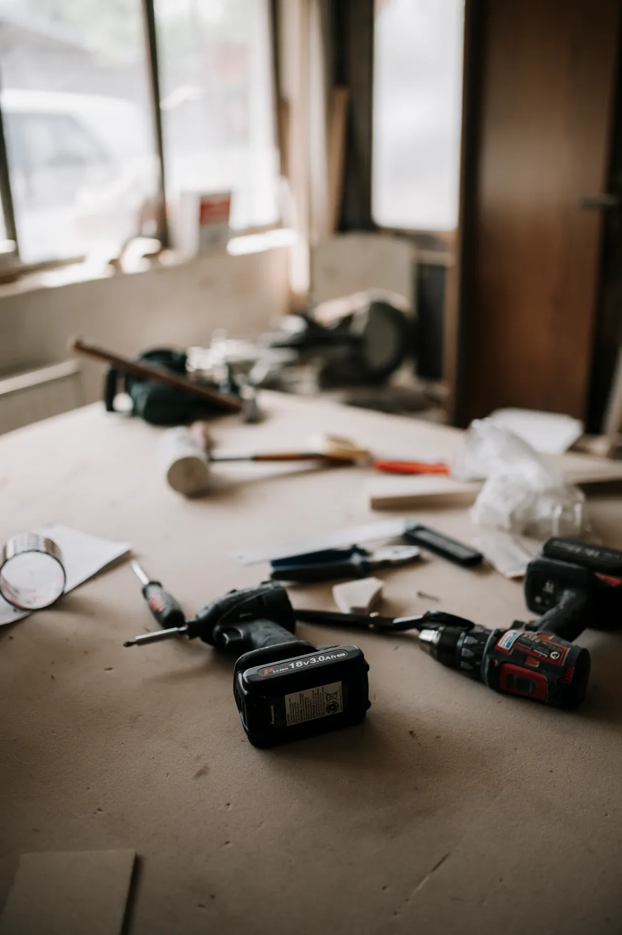 Drills, a hammer and other tools on a renovation worktable, photographed in May 2025