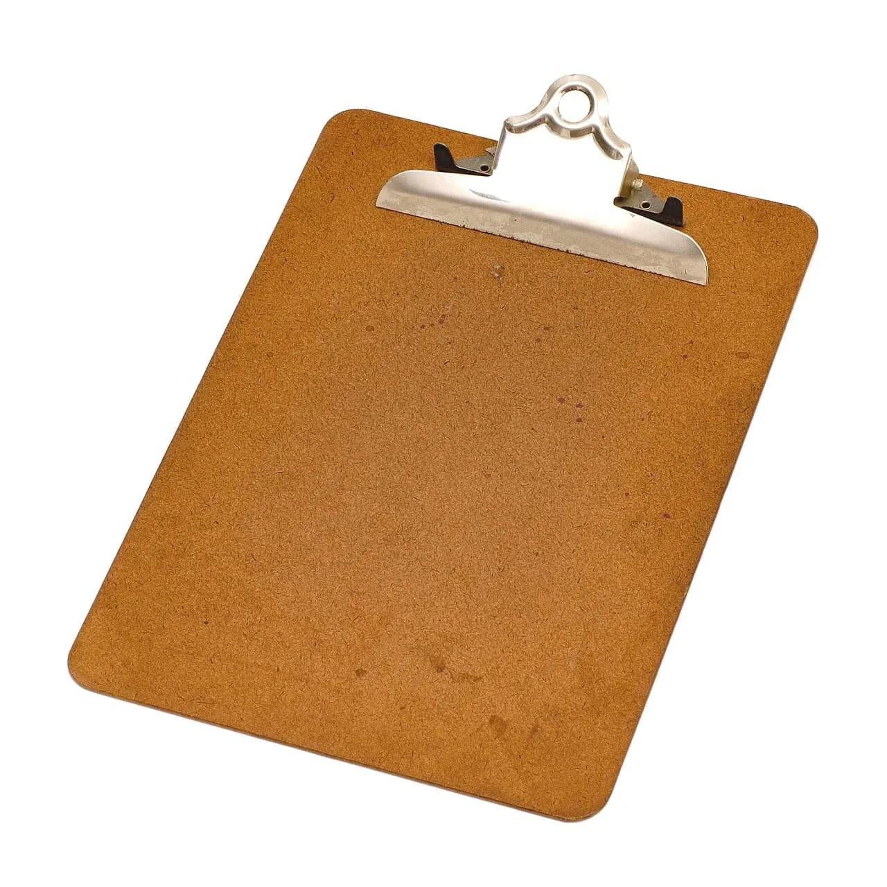 Blank brown clipboard with a metal clip on a white background, in a photograph source-dated August 2010