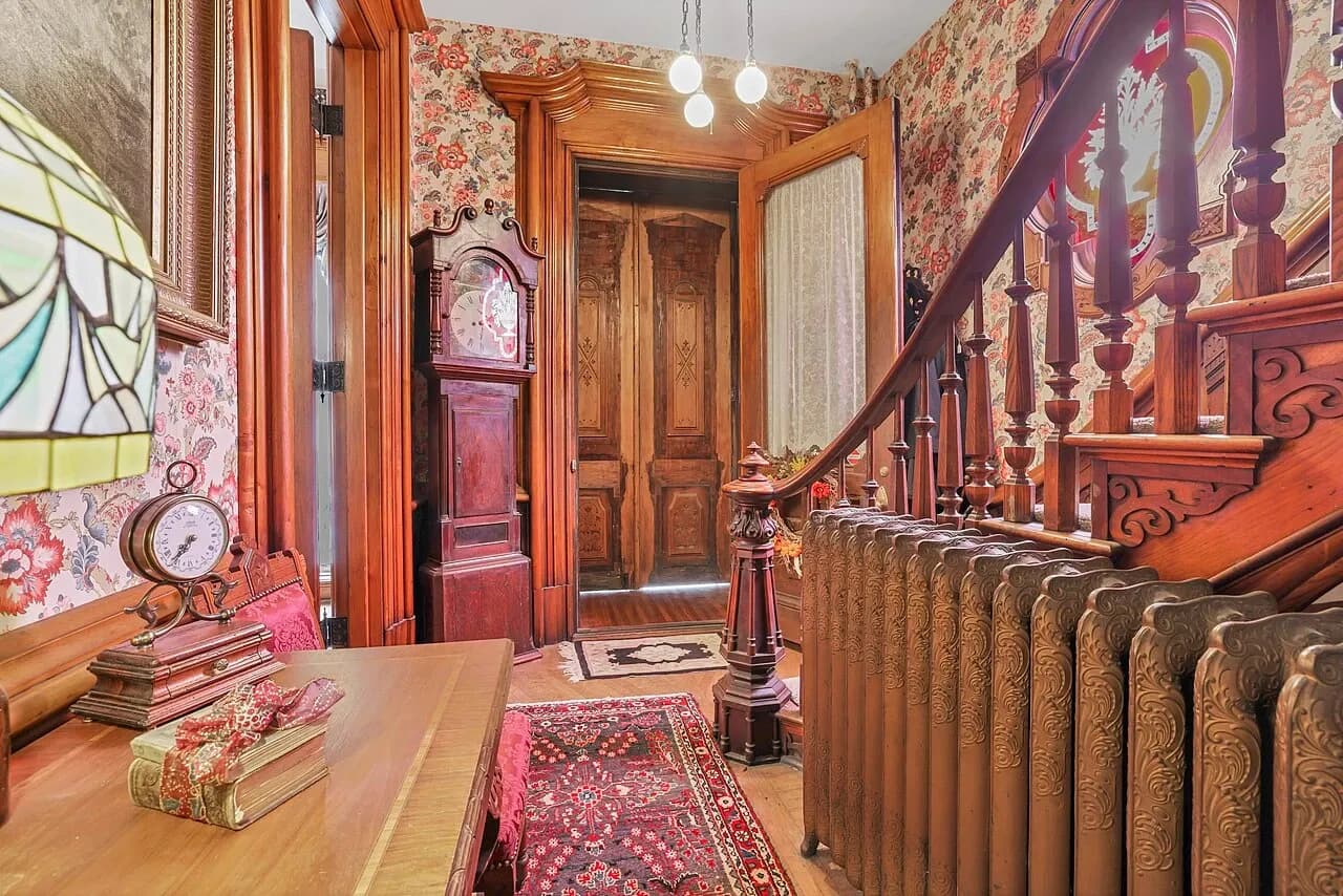 Entrance foyer and staircase in the Samuel N. Patterson House, September 2022