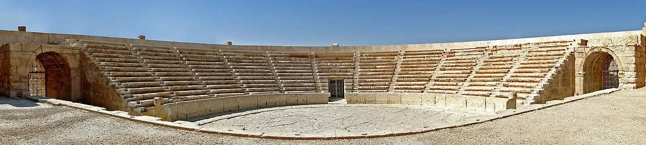 Wide view of Palmyra theatre's curved seating from the stage, April 2010 archive photograph