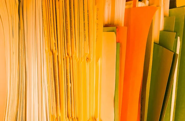 Row of yellow and green document folders, archive October 2015