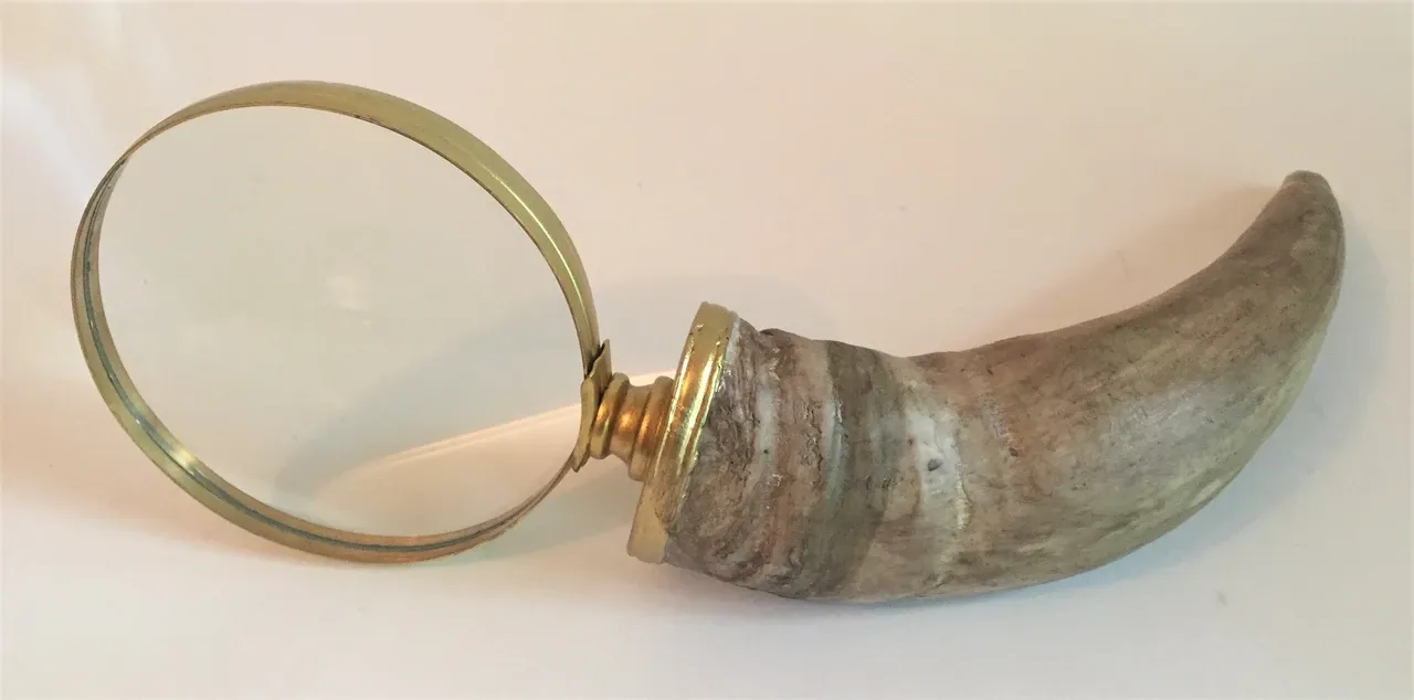 Round magnifying glass with a curved patterned handle on a pale surface, photographed in September 2021