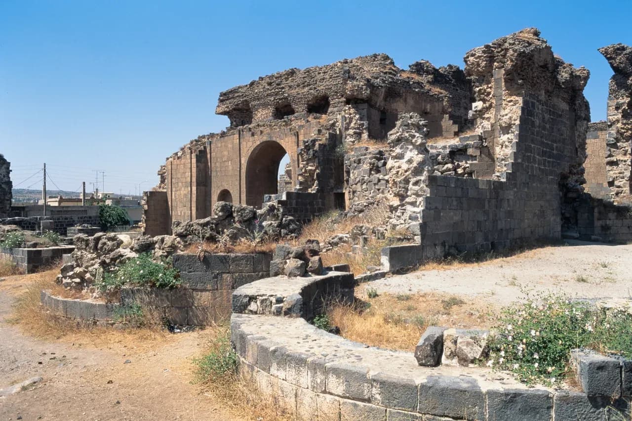Exterior of the historic baths in Shahba, As-Suwayda Governorate, photographed by Frank Kidner in 1993.