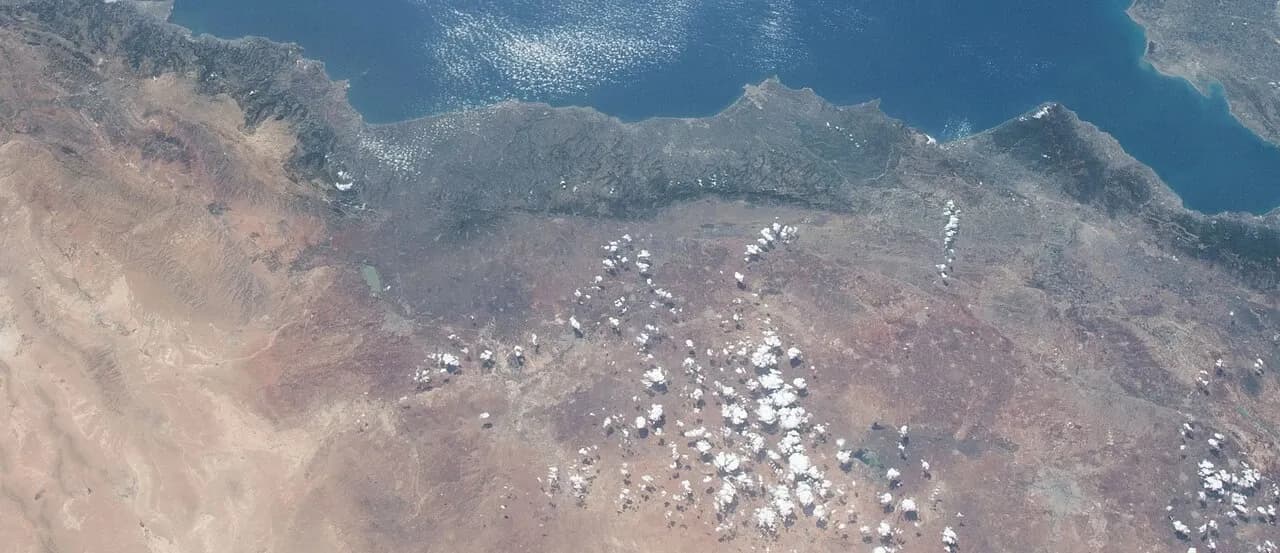 Oblique space view of part of Syria’s Mediterranean coast and inland landscape, photographed from the ISS in June 2018