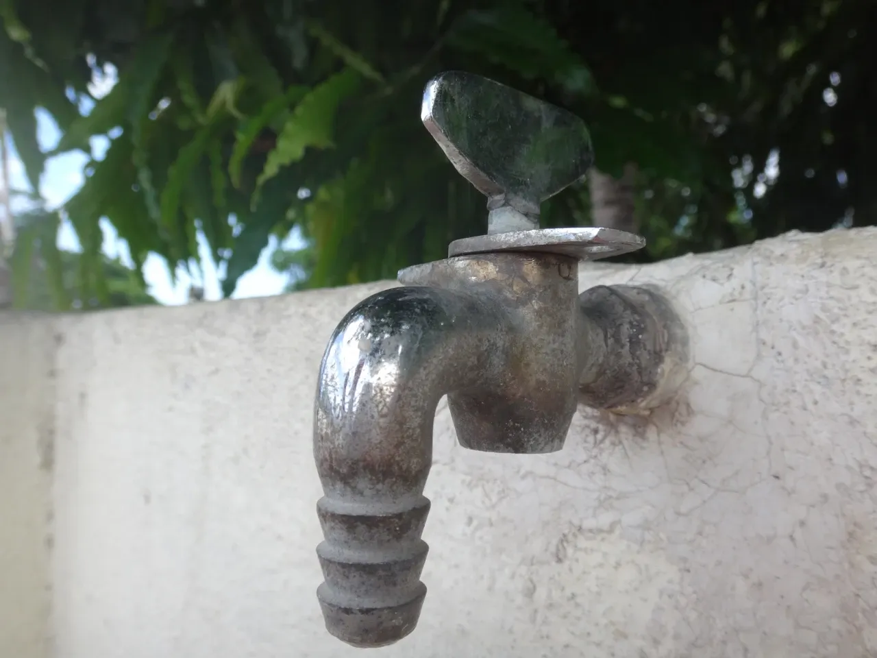 Weathered wall-mounted tap with a handle against a pale wall, photographed in July 2017