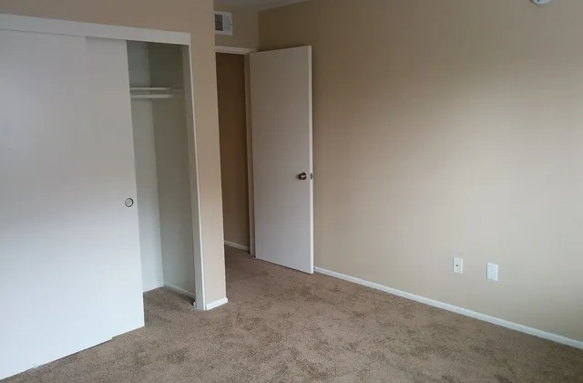 Unfurnished carpeted room with an open closet and doorway in Riverside, California, photographed in May 2017